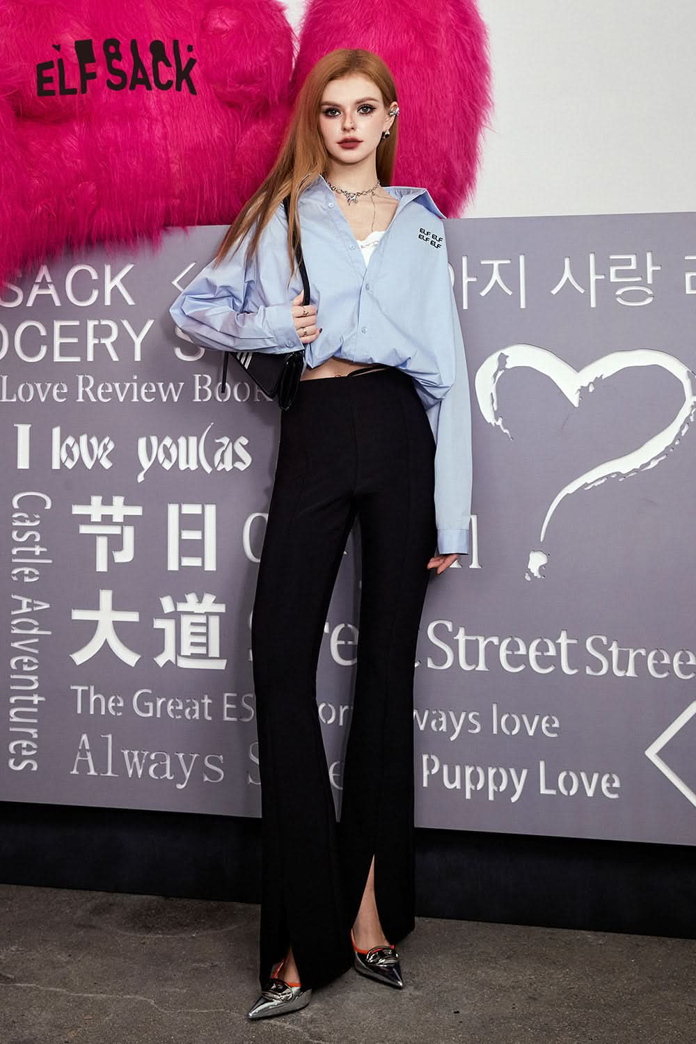 ELFSACK Letter Embroidery Waistband Blue Shirt's Early Spring Design Sense Small Shirt