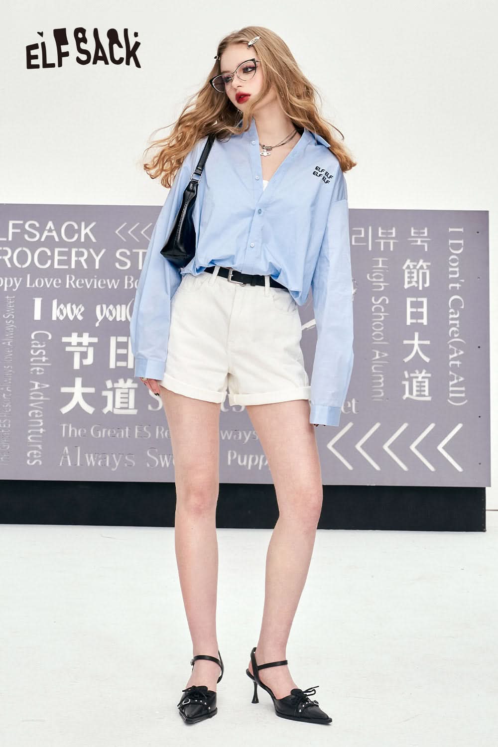 ELFSACK Letter Embroidery Waistband Blue Shirt's Early Spring Design Sense Small Shirt