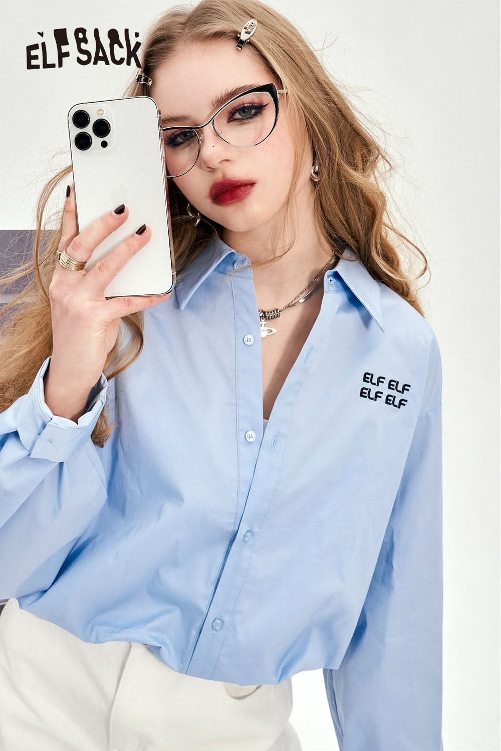 ELFSACK Letter Embroidery Waistband Blue Shirt's Early Spring Design Sense Small Shirt