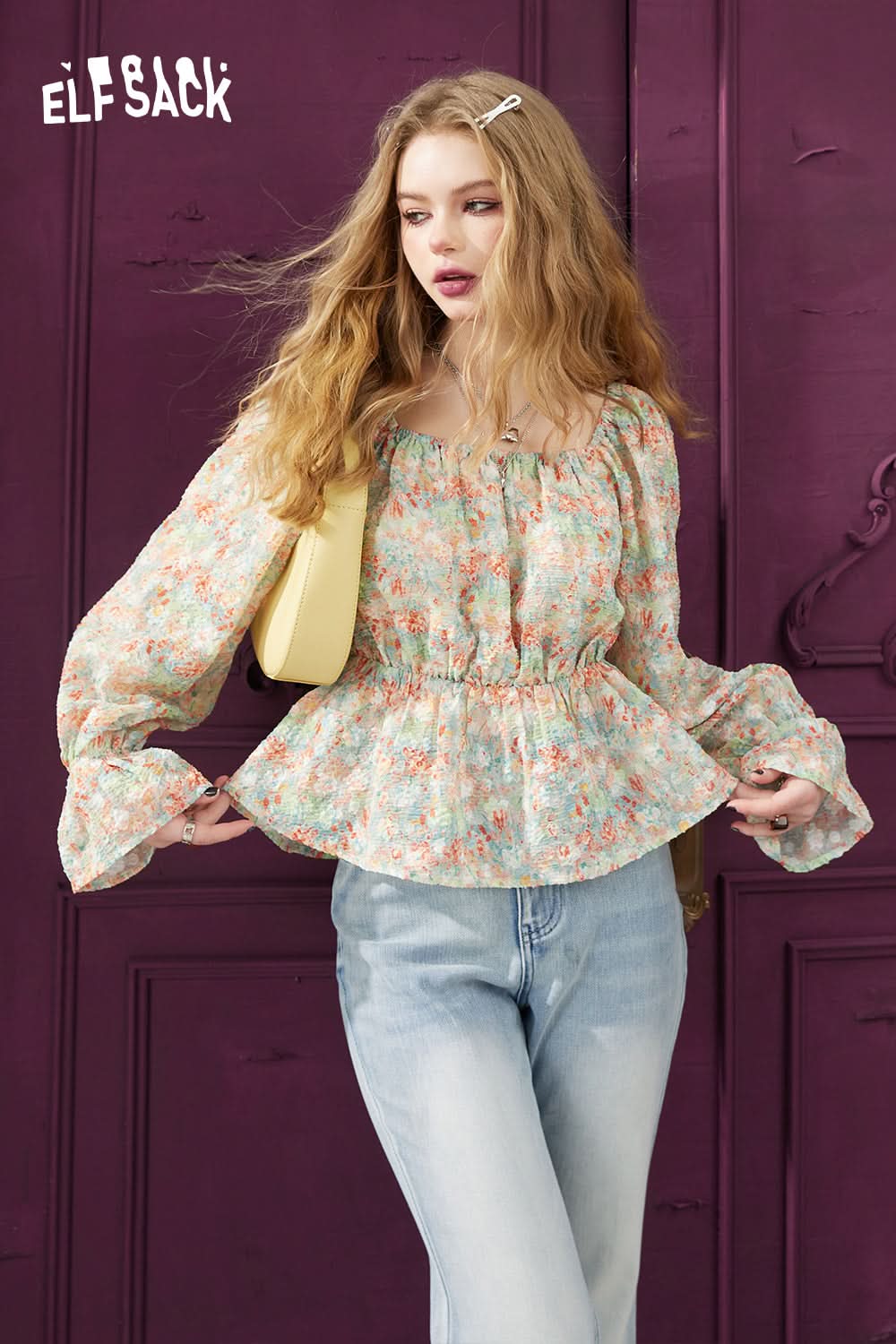 ELFSACK Square necked spring floral shirt's spring waistband design slimming chiffon top
