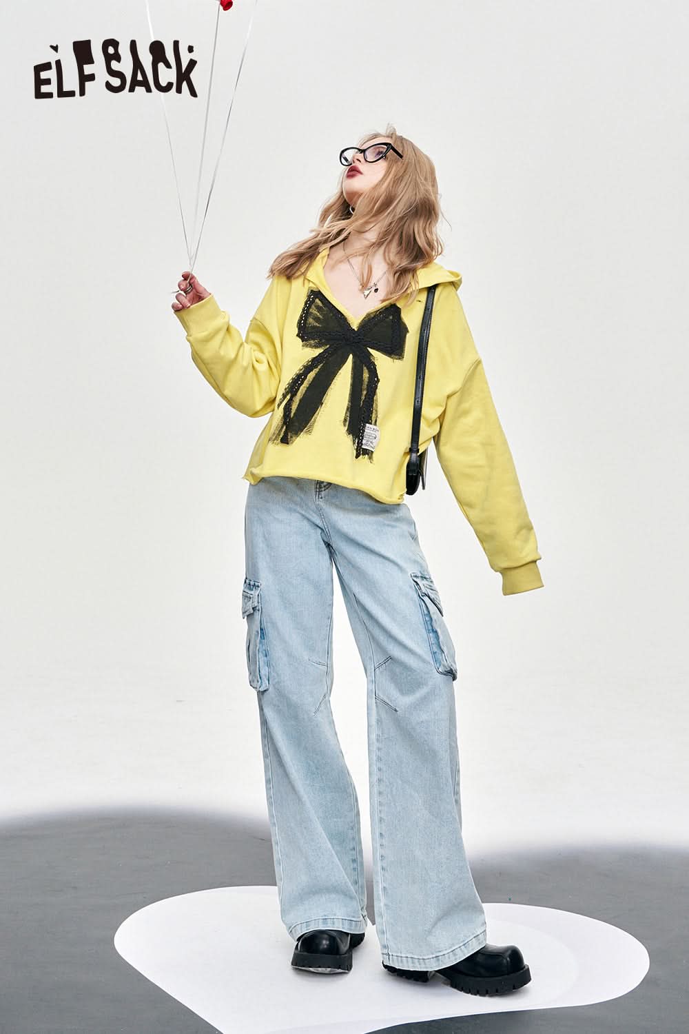 ELFSACK v-neck pullovers hooded color contrast long sleeve sweet top large bow ripped designation fashion cotton top