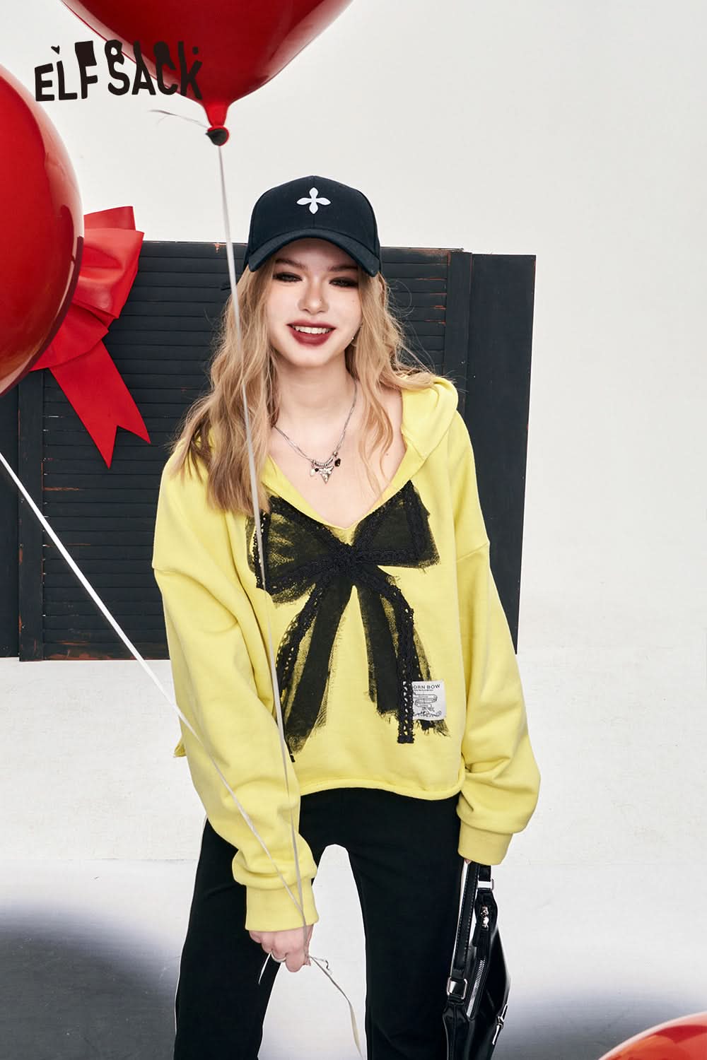 ELFSACK v-neck pullovers hooded color contrast long sleeve sweet top large bow ripped designation fashion cotton top