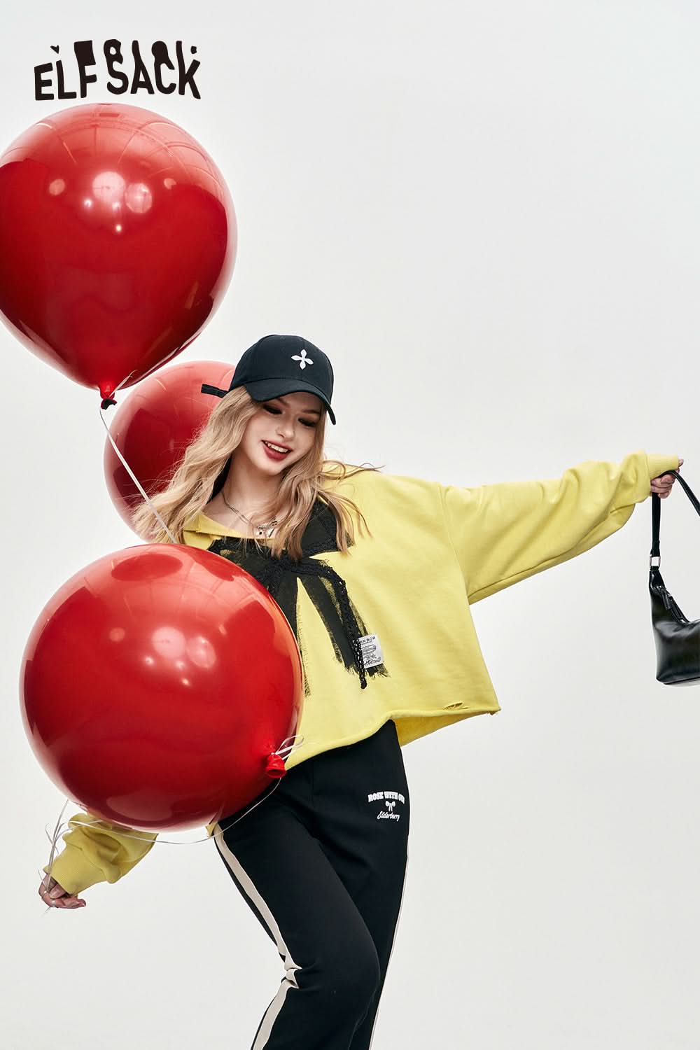 ELFSACK v-neck pullovers hooded color contrast long sleeve sweet top large bow ripped designation fashion cotton top