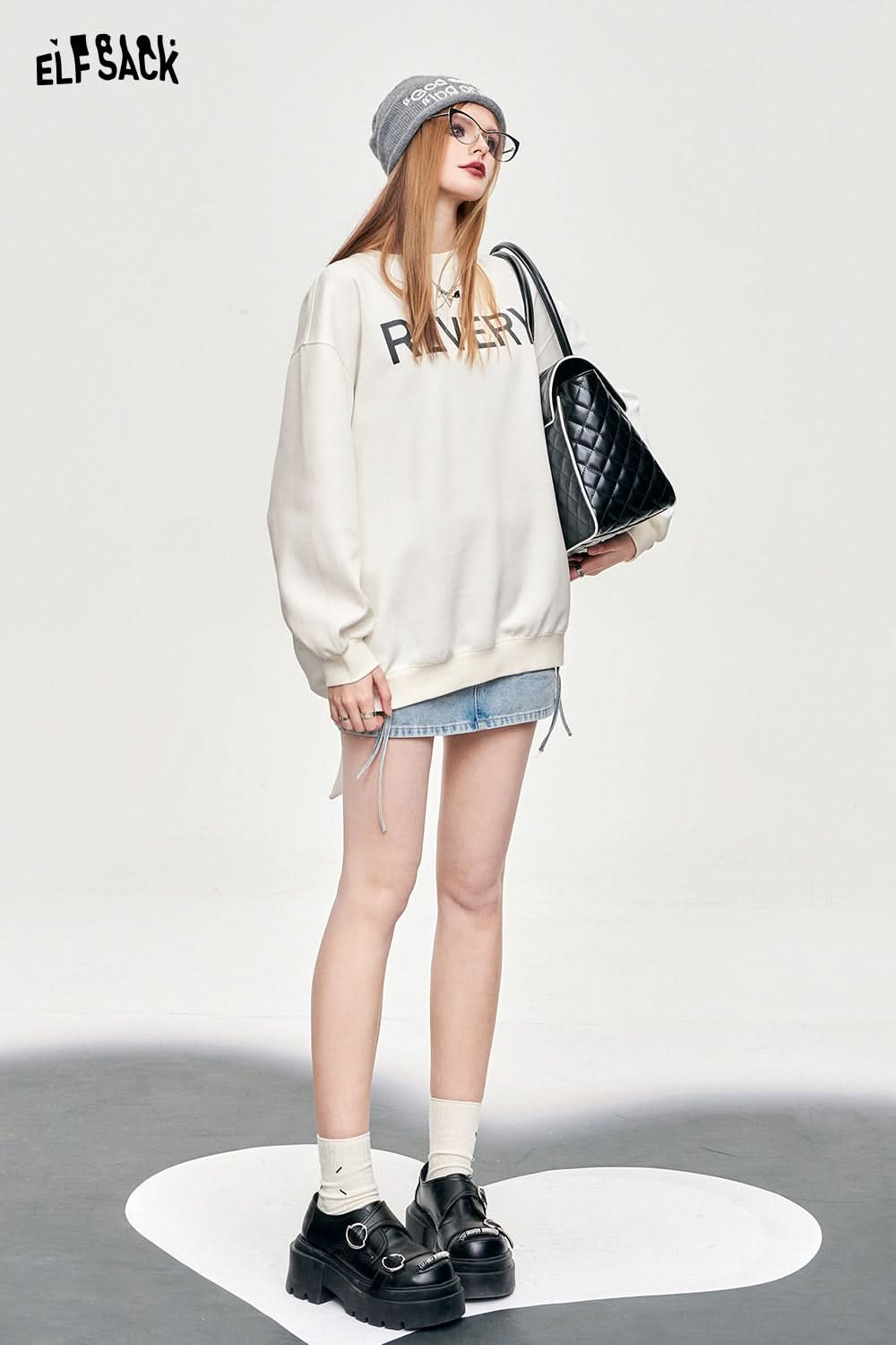 ELFSACK backless white large bow alphabet pringitng women's t-shirt long sleeve crew neck sweet office style loose top