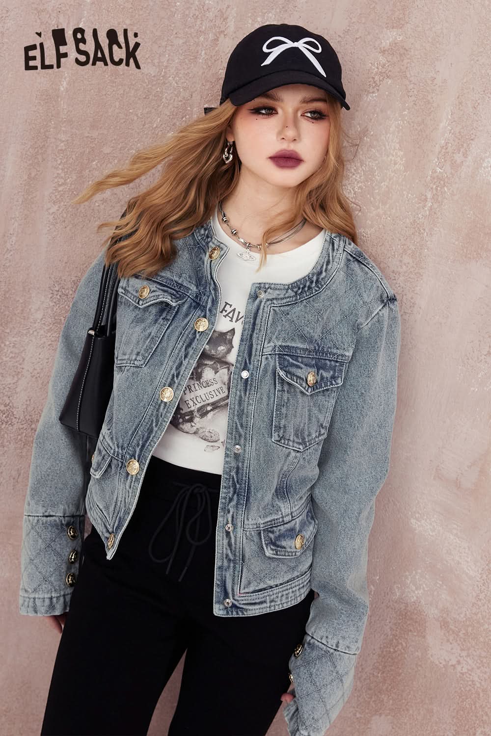 ELFSACK distinctive crew neck cropped denim coat spring vintage loose long sleeve versatile cropped top