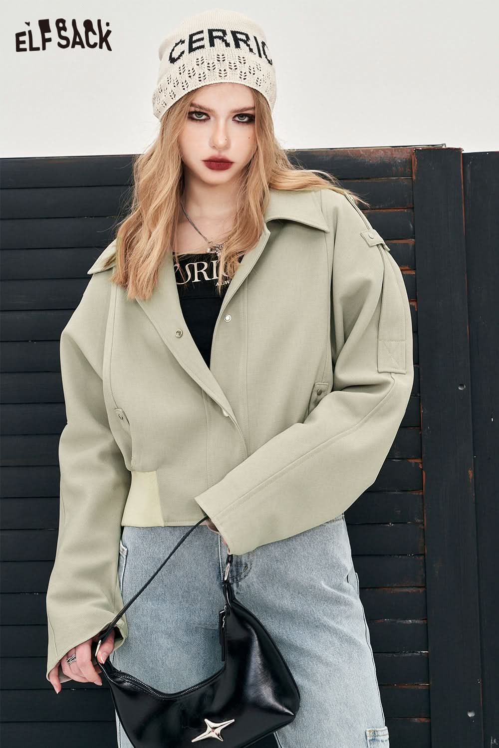 ELFSACK office style casual style cropped coat thin solid color drawstring pocket coat button front coat