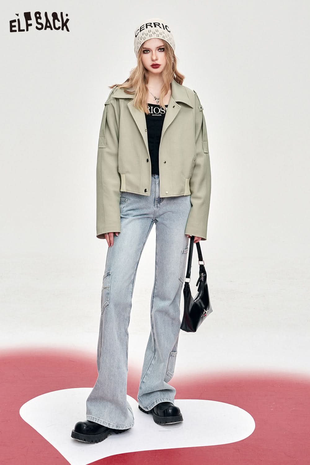 ELFSACK office style casual style cropped coat thin solid color drawstring pocket coat button front coat