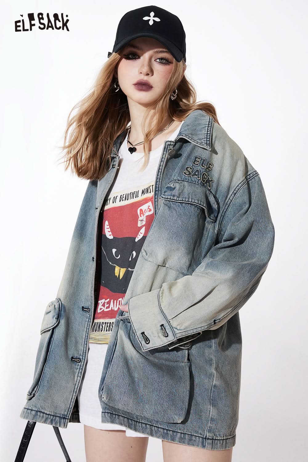 ELFSACK American style vintage mid long length denim coat spring street style loose irregular loose coat large pocket button front coat
