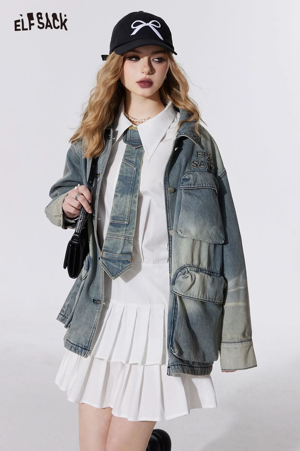 ELFSACK American style vintage mid long length denim coat spring street style loose irregular loose coat large pocket button front coat