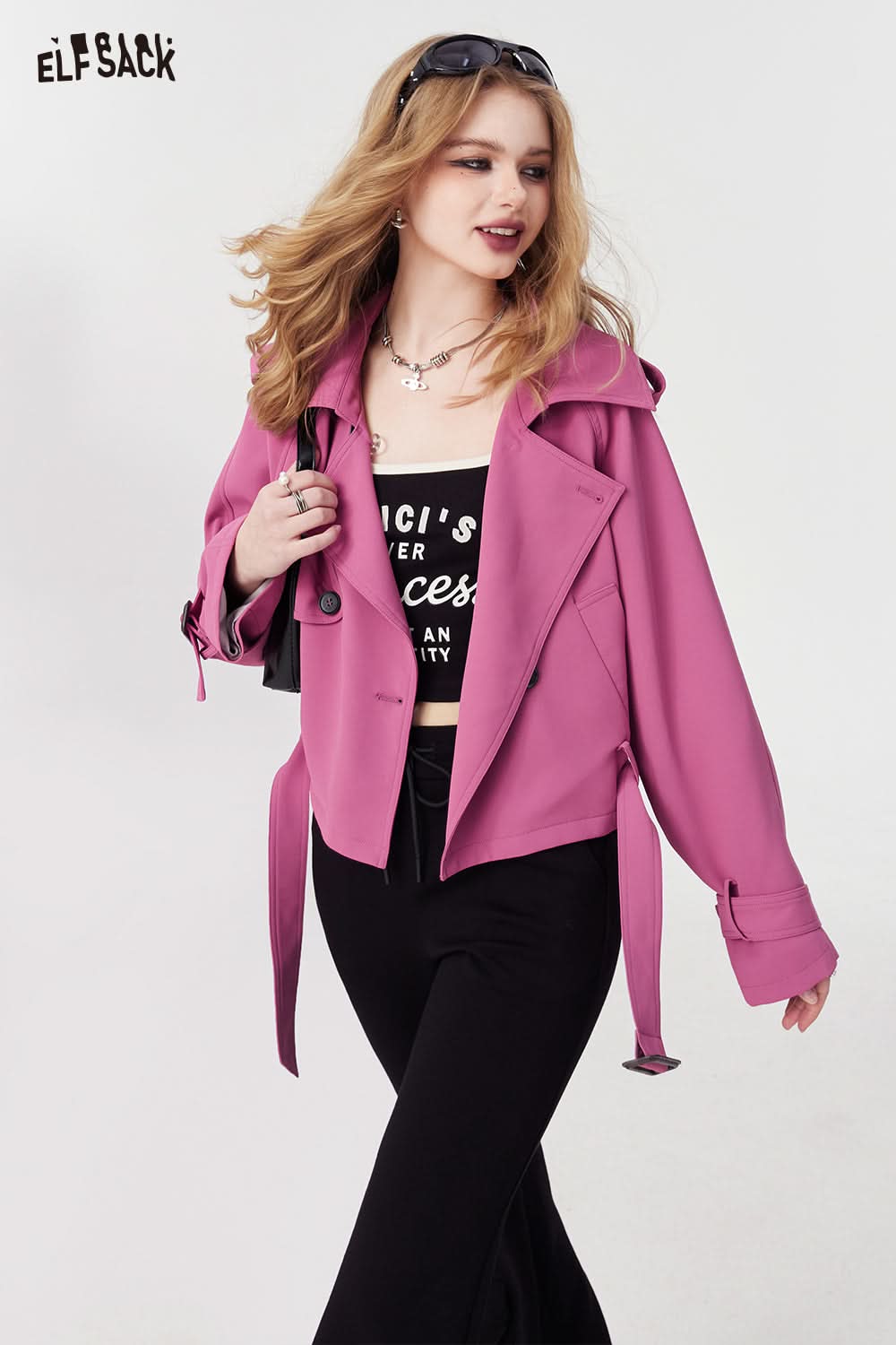 ELFSACK versatile casual windbreak cropped coat spring loose lapel young energrtic pink coat