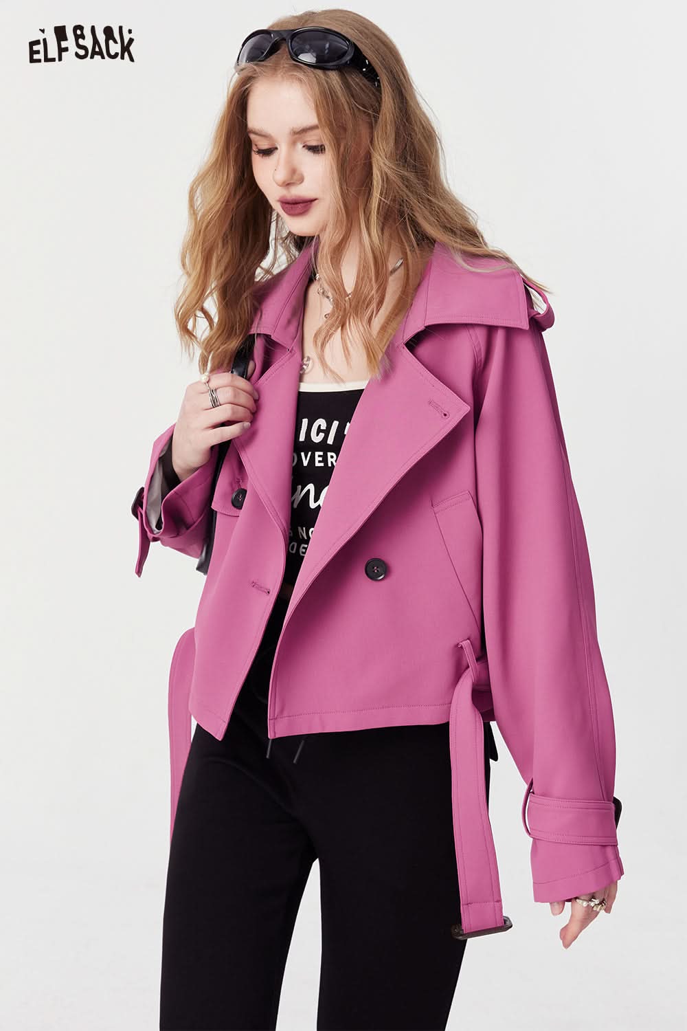 ELFSACK versatile casual windbreak cropped coat spring loose lapel young energrtic pink coat