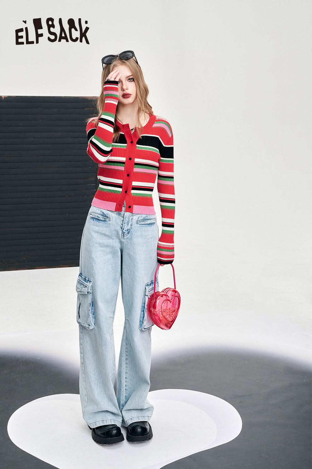 ELFSACK simple red stripe knitwear spring thin slim office style button front cropped cardigan