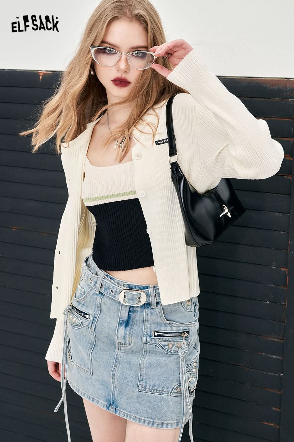 ELFSACK two pieces knitwear suit color block regular knit cardigan slim energetic color knit coat