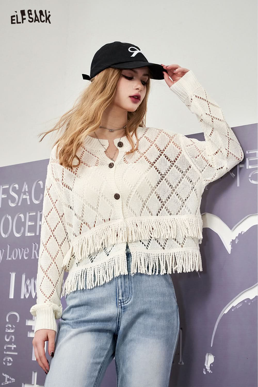 ELFSACK French style sweet tassel knitwear cropped cardigan spring hollow button knitwear long sleeve cropped soft top