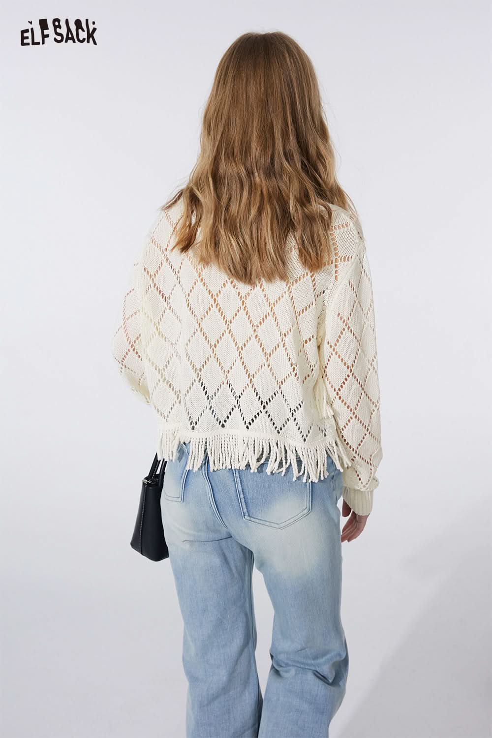 ELFSACK French style sweet tassel knitwear cropped cardigan spring hollow button knitwear long sleeve cropped soft top