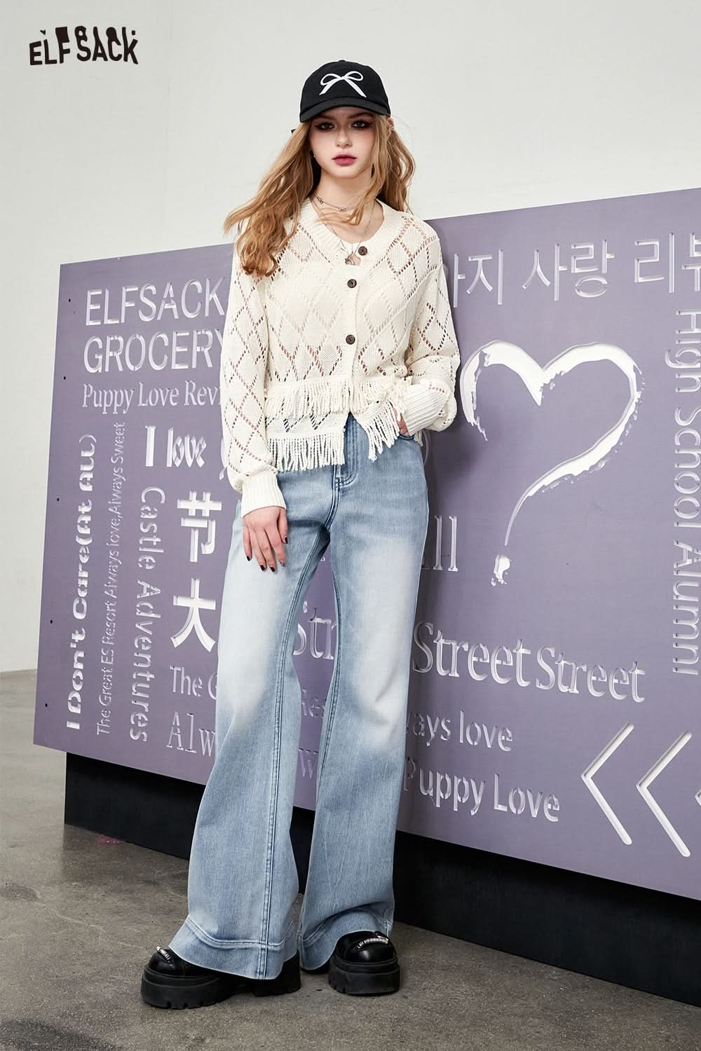 ELFSACK French style sweet tassel knitwear cropped cardigan spring hollow button knitwear long sleeve cropped soft top