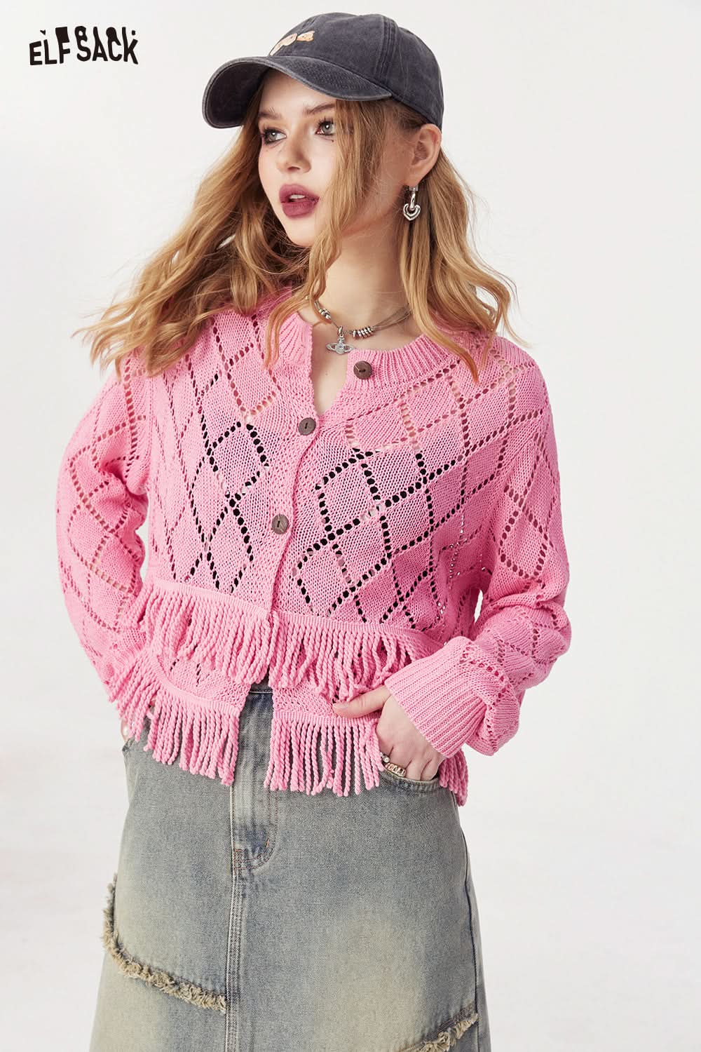 ELFSACK French style sweet tassel knitwear cropped cardigan spring hollow button knitwear long sleeve cropped soft top