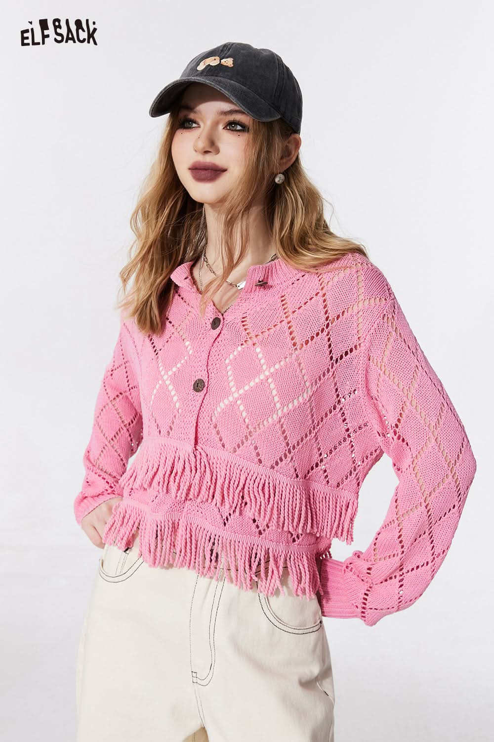 ELFSACK French style sweet tassel knitwear cropped cardigan spring hollow button knitwear long sleeve cropped soft top