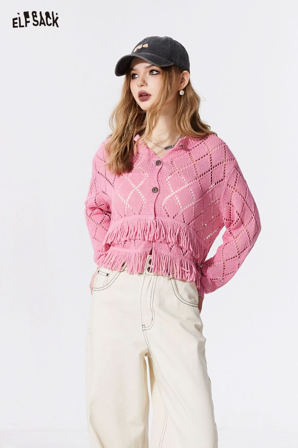 ELFSACK French style sweet tassel knitwear cropped cardigan spring hollow button knitwear long sleeve cropped soft top
