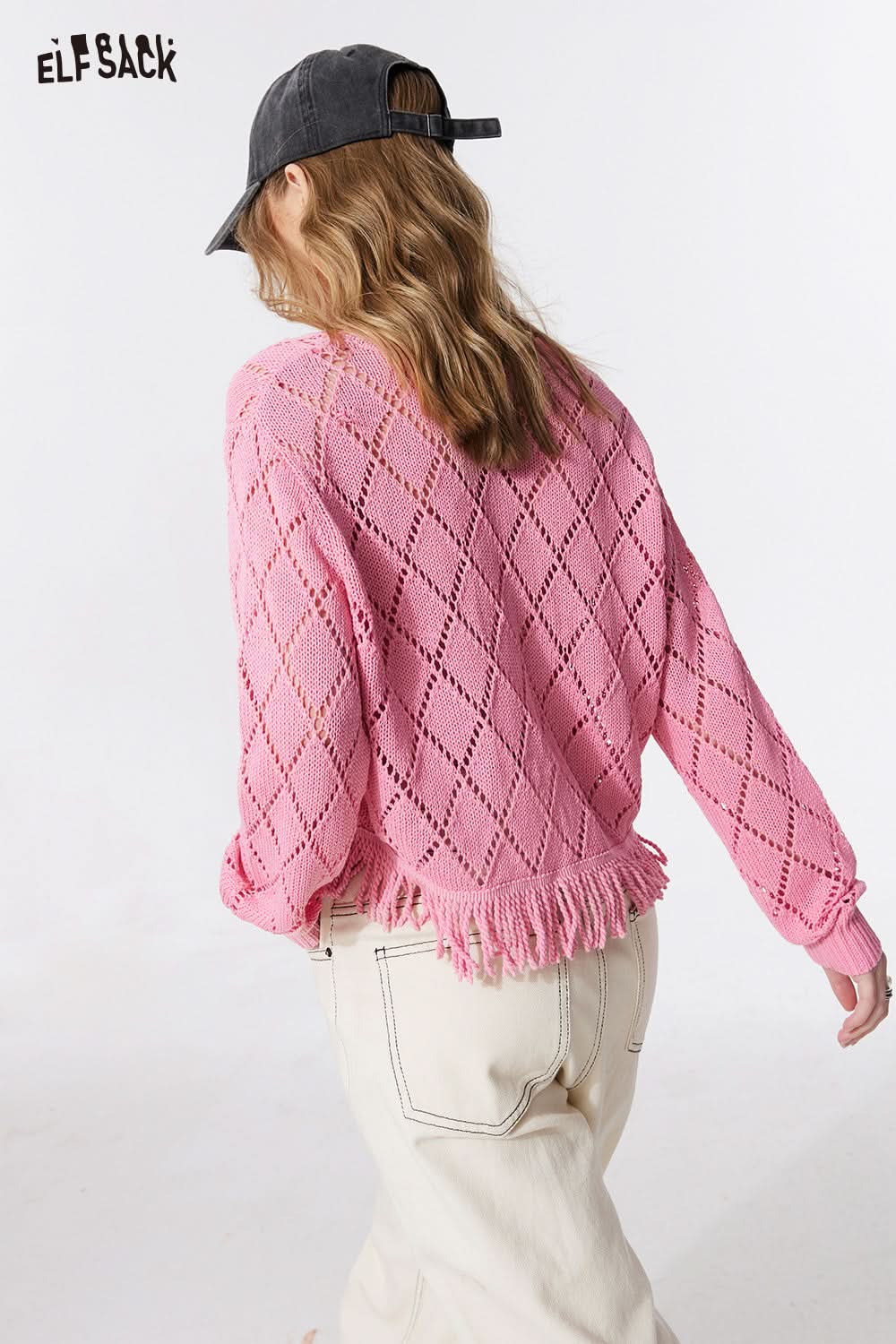 ELFSACK French style sweet tassel knitwear cropped cardigan spring hollow button knitwear long sleeve cropped soft top
