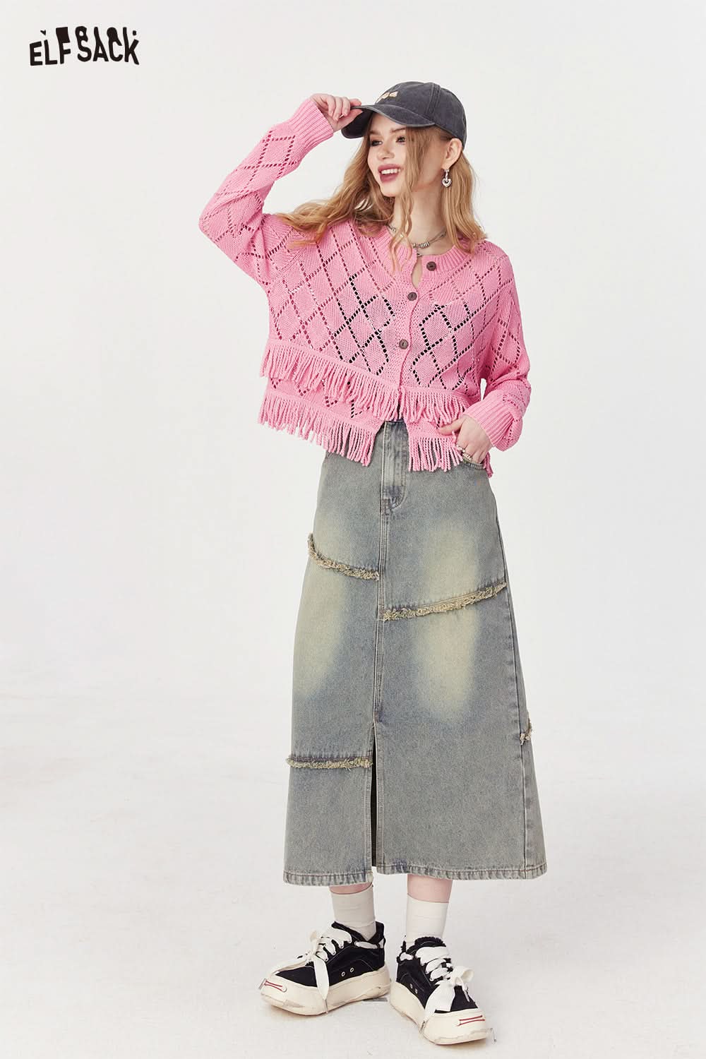 ELFSACK French style sweet tassel knitwear cropped cardigan spring hollow button knitwear long sleeve cropped soft top