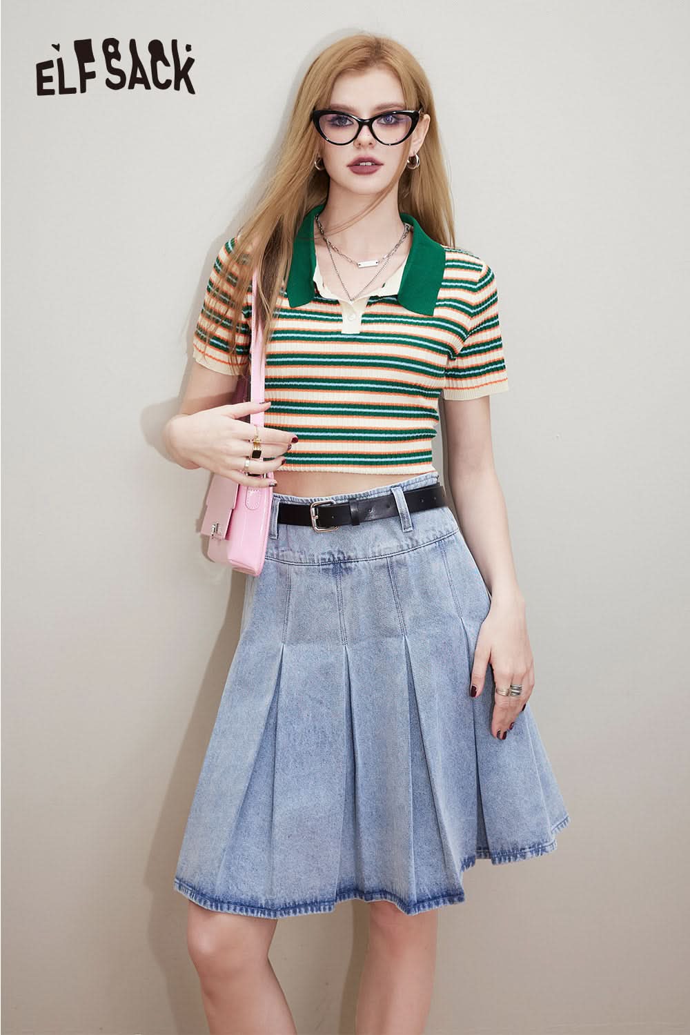 ELFSACK Ice Cool Silk Stripe Contrast Polo Neck Knitwear's Spring Slim Fit Short Top