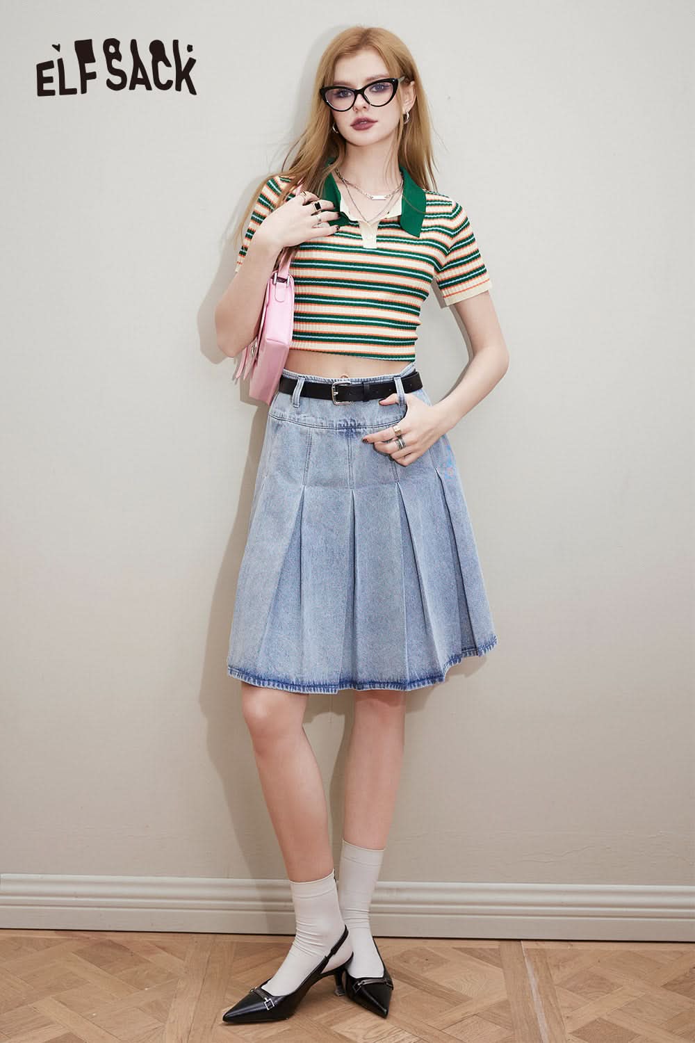 ELFSACK Ice Cool Silk Stripe Contrast Polo Neck Knitwear's Spring Slim Fit Short Top