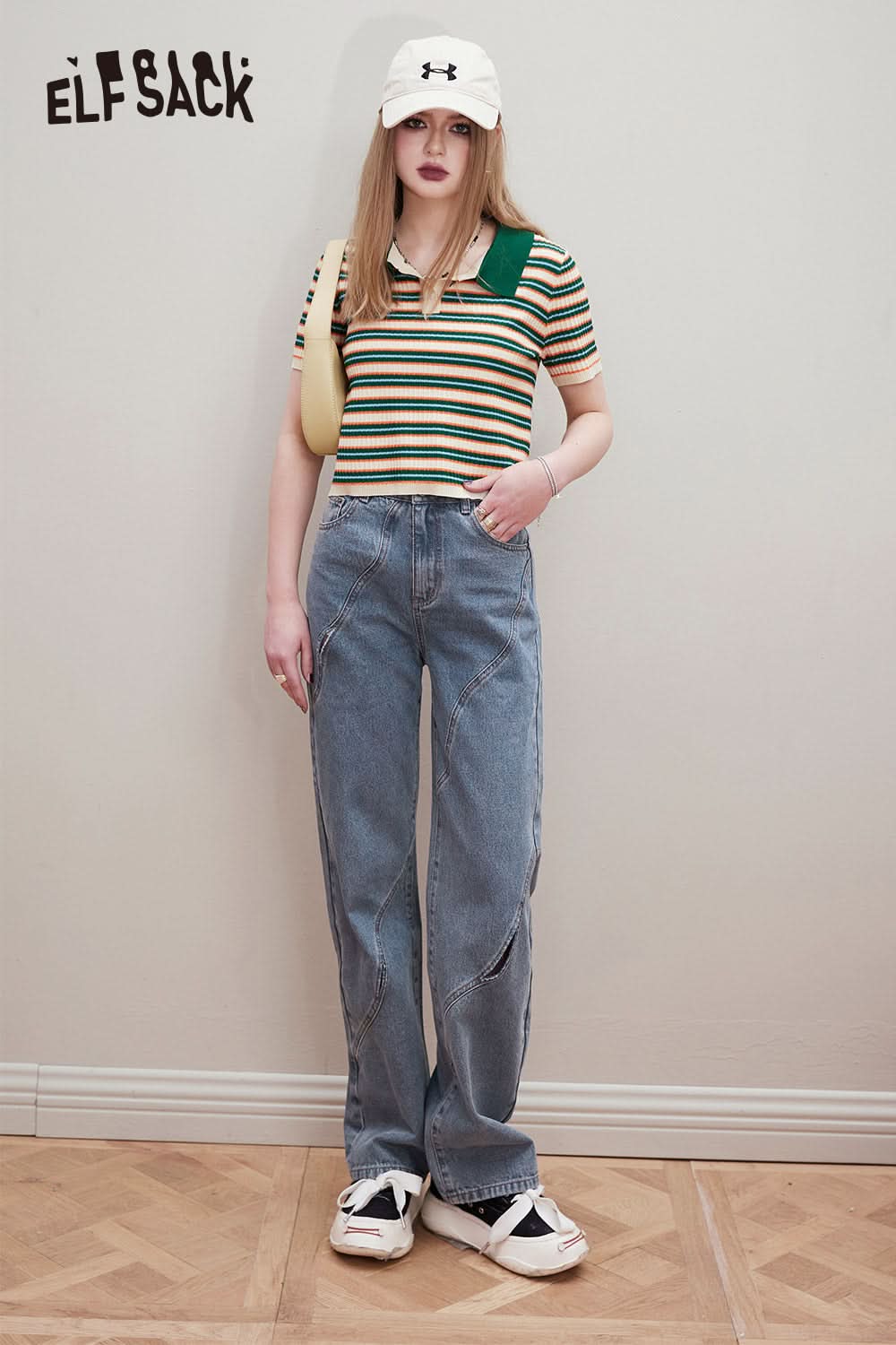 ELFSACK Ice Cool Silk Stripe Contrast Polo Neck Knitwear's Spring Slim Fit Short Top