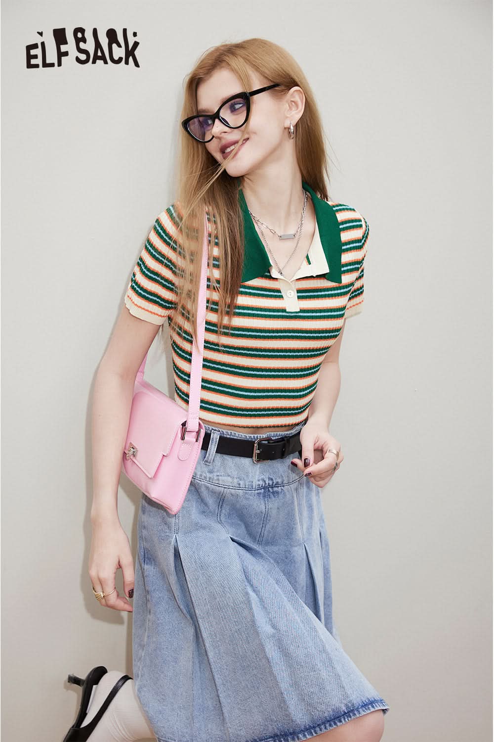 ELFSACK Ice Cool Silk Stripe Contrast Polo Neck Knitwear's Spring Slim Fit Short Top