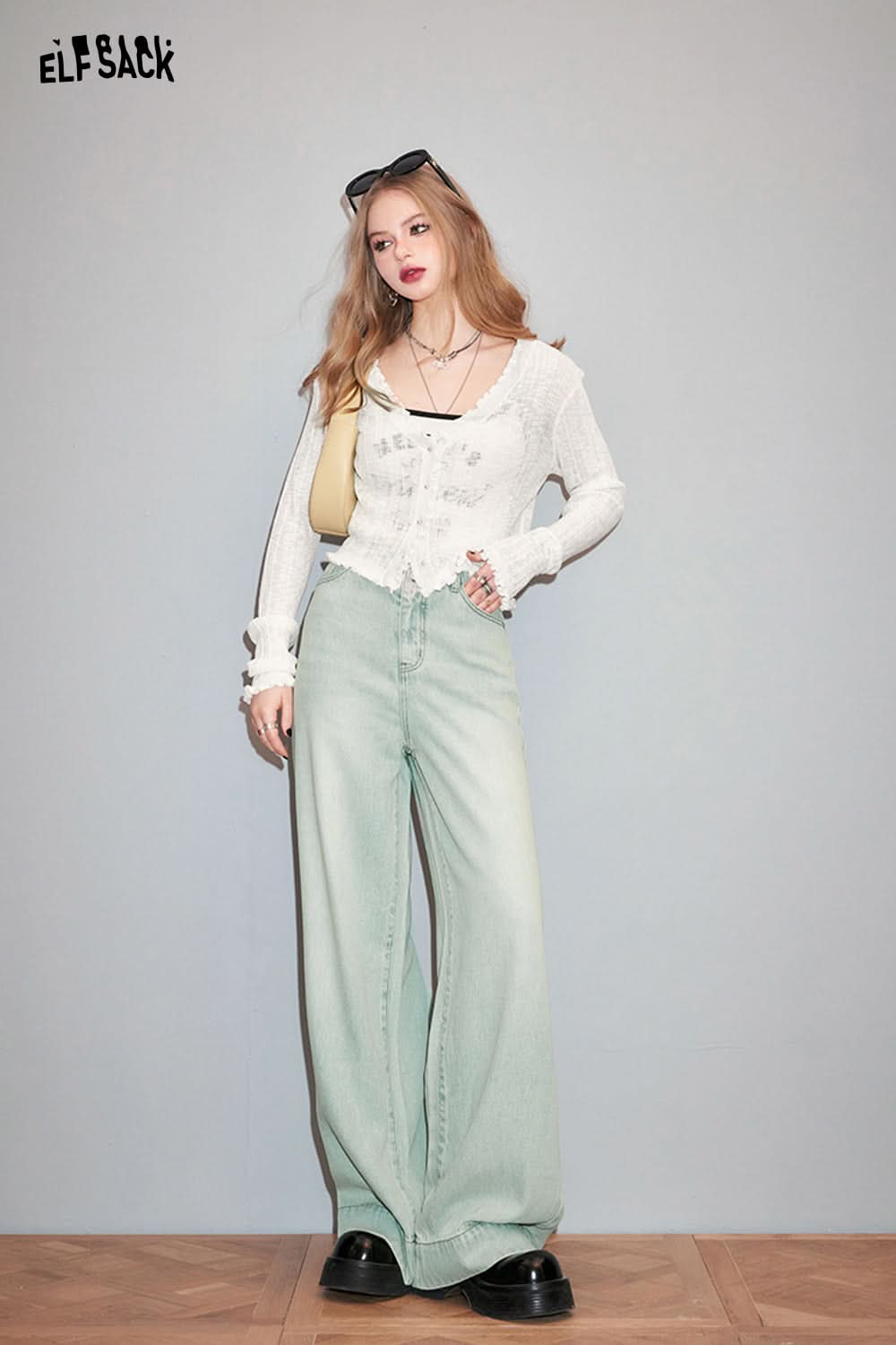 ELFSACK Women's Spring Korean Breathable Hollow out Design Cardigan with Wood Ear Edge Style