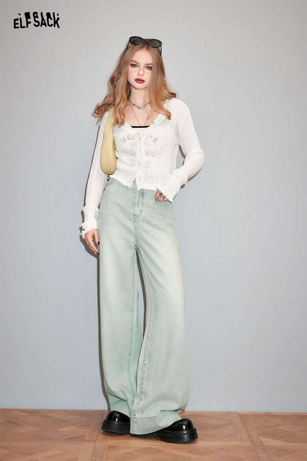 ELFSACK Women's Spring Korean Breathable Hollow out Design Cardigan with Wood Ear Edge Style