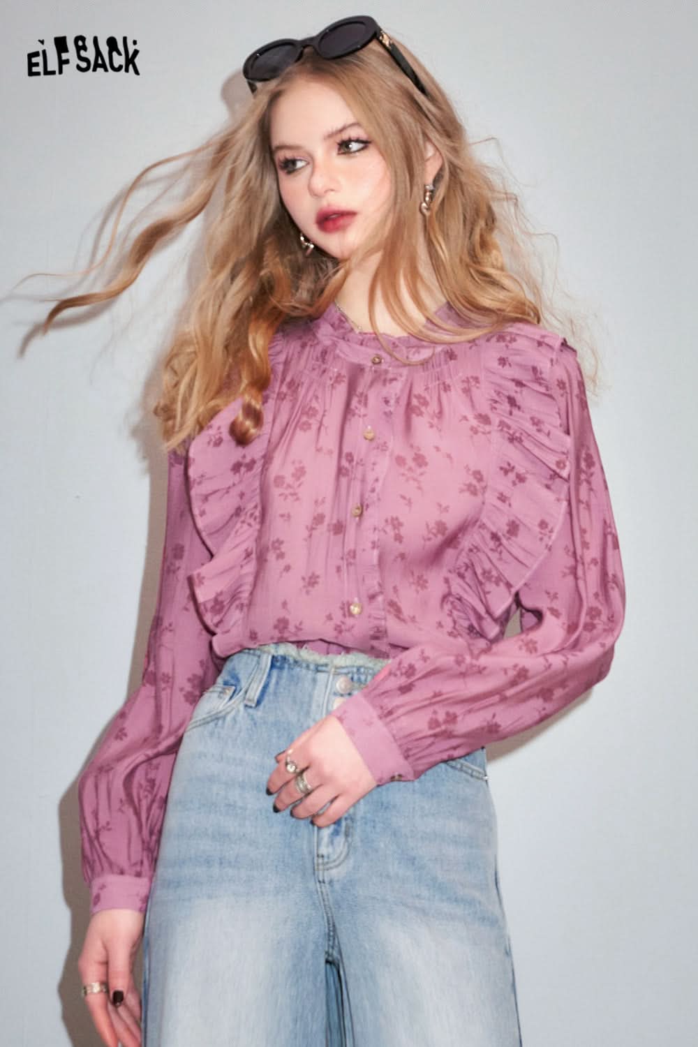 ELFSACK French Chiffon Lace Shirt's Spring Lantern Sleeve Mesh Top