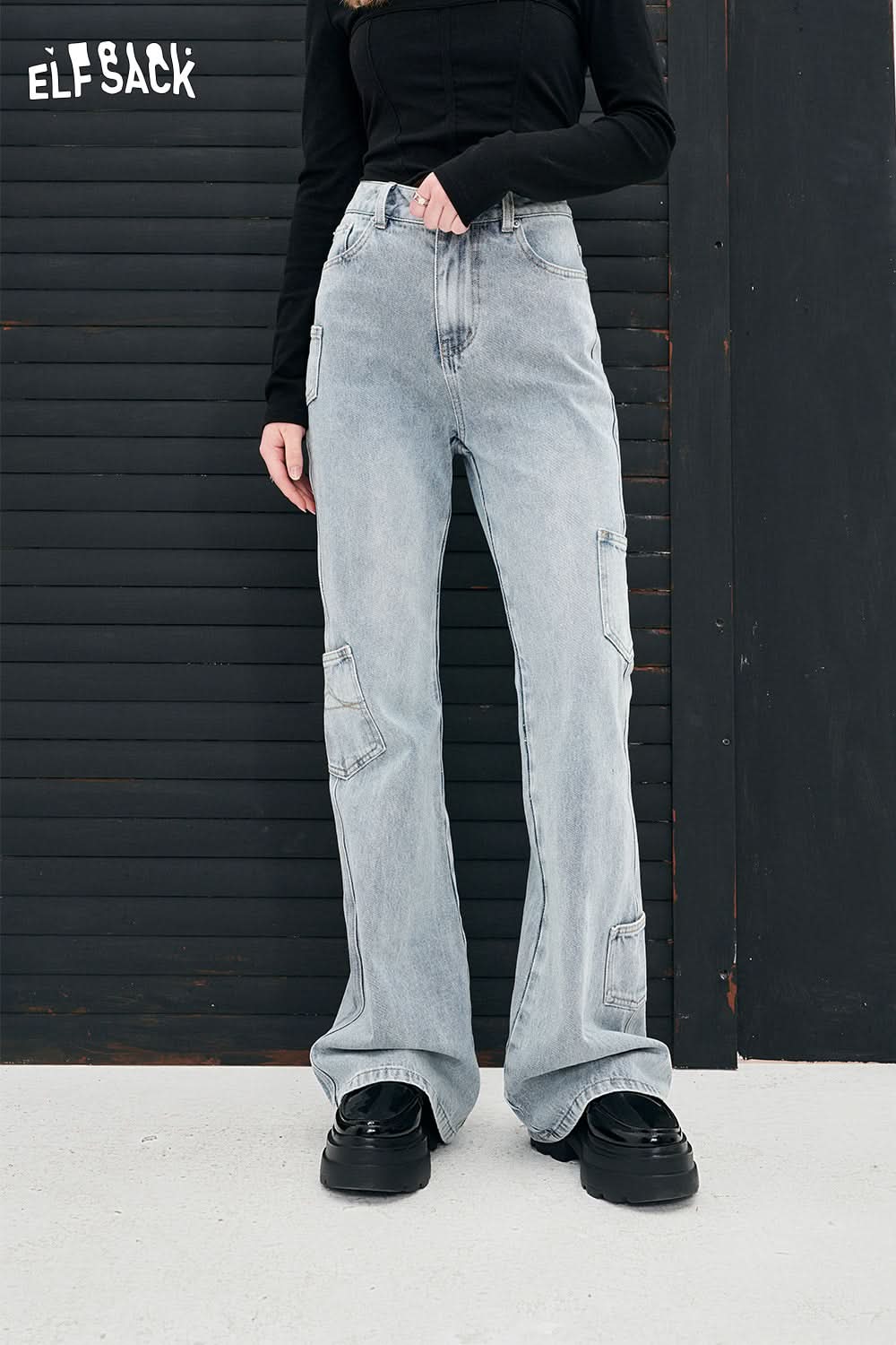 ELFSACK light color high-rise flare leg jeans many pockets designation street style fashion spring long jeans