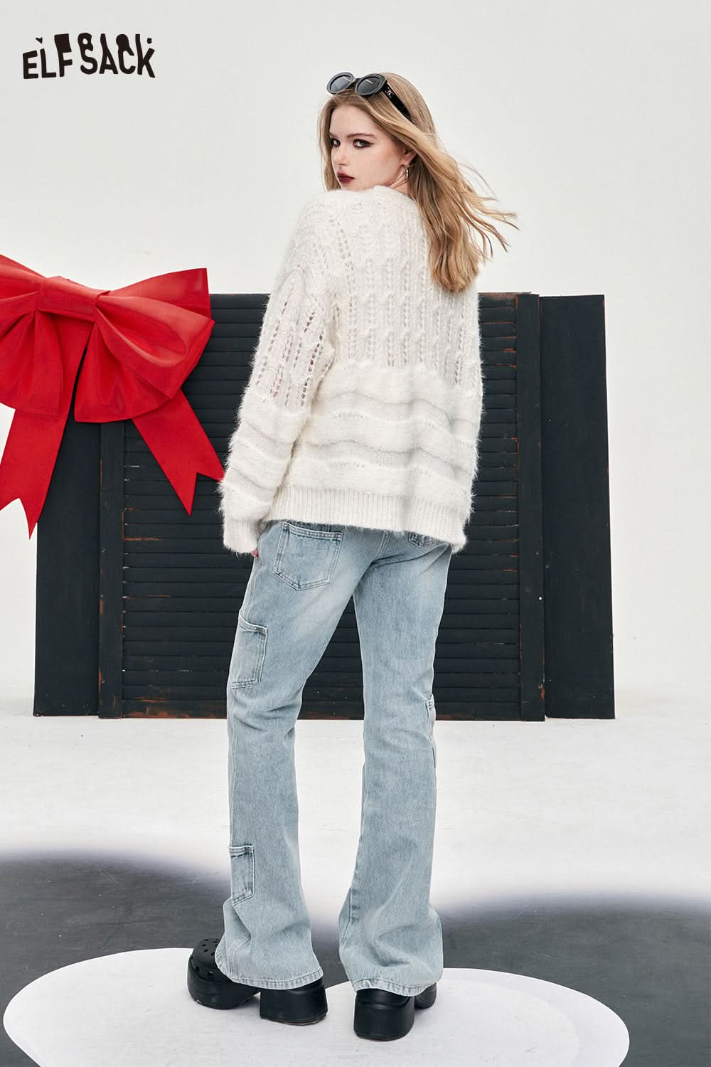 ELFSACK light color high-rise flare leg jeans many pockets designation street style fashion spring long jeans