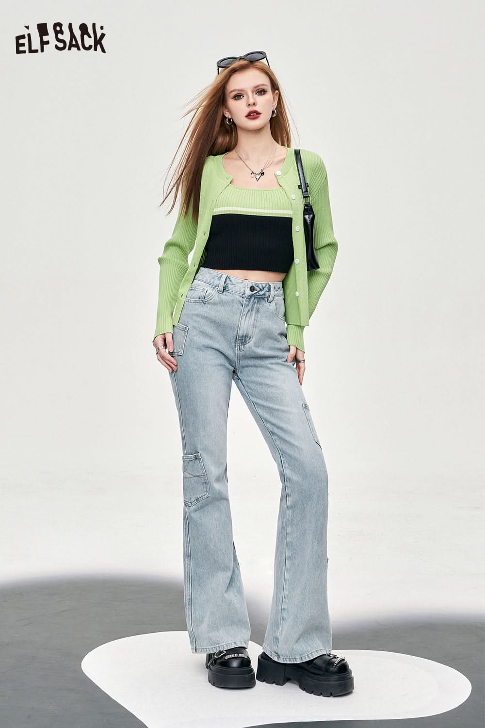 ELFSACK light color high-rise flare leg jeans many pockets designation street style fashion spring long jeans