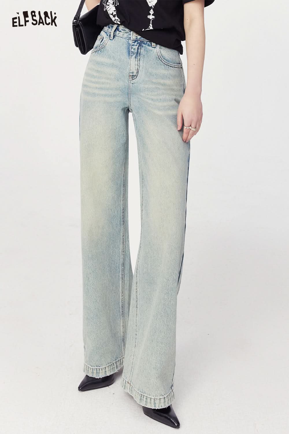 ELFSACK spring high rise thin straight leg jeans soft and comfort versatile long length jeans
