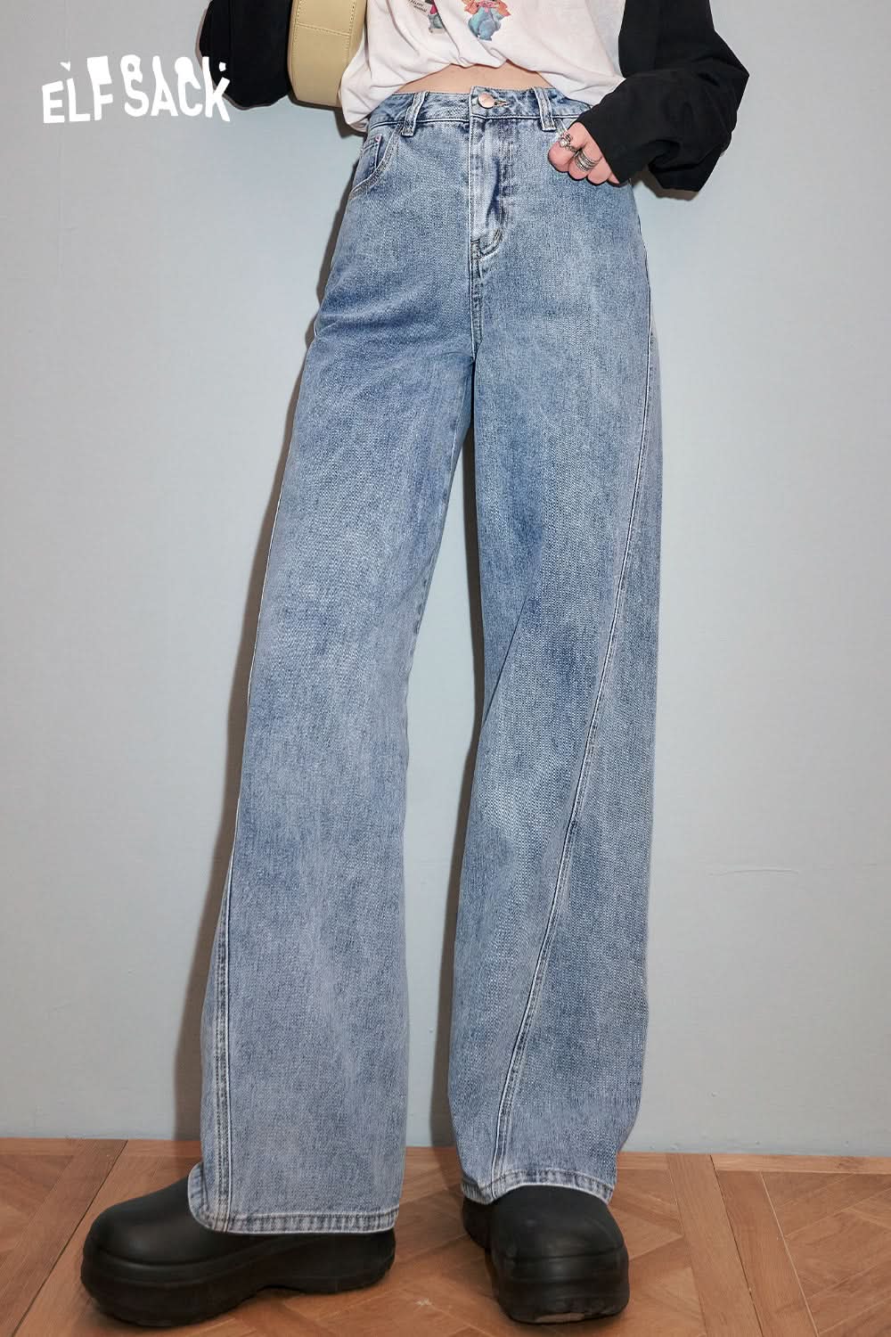 ELFSACK Light colored high waisted straight leg wide leg jeans's spring small retro pants
