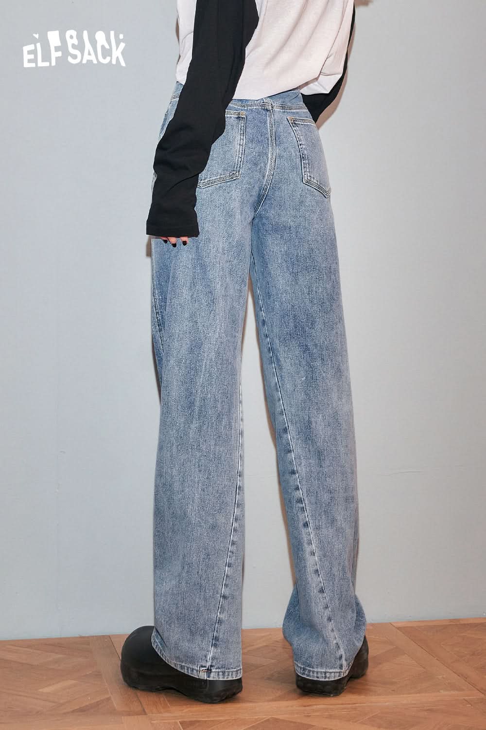 ELFSACK Light colored high waisted straight leg wide leg jeans's spring small retro pants