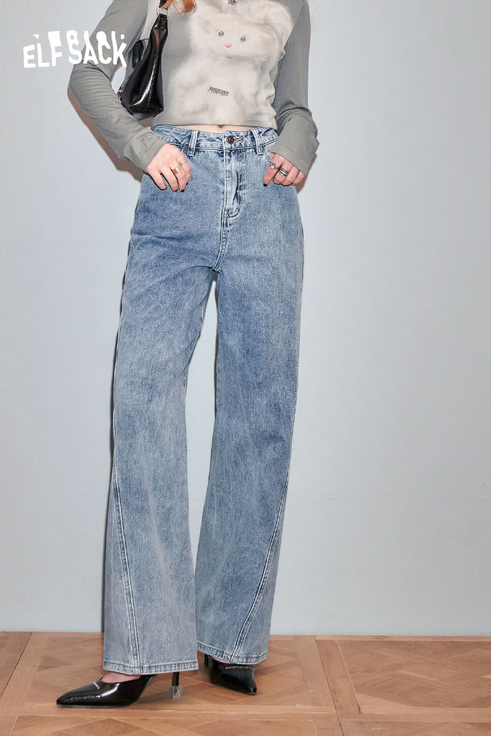 ELFSACK Light colored high waisted straight leg wide leg jeans's spring small retro pants