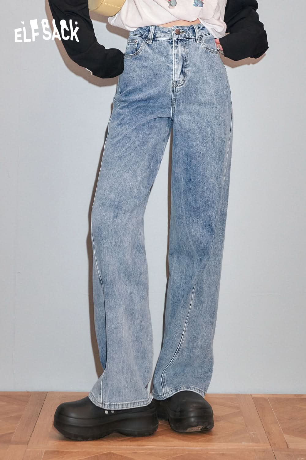 ELFSACK Light colored high waisted straight leg wide leg jeans's spring small retro pants