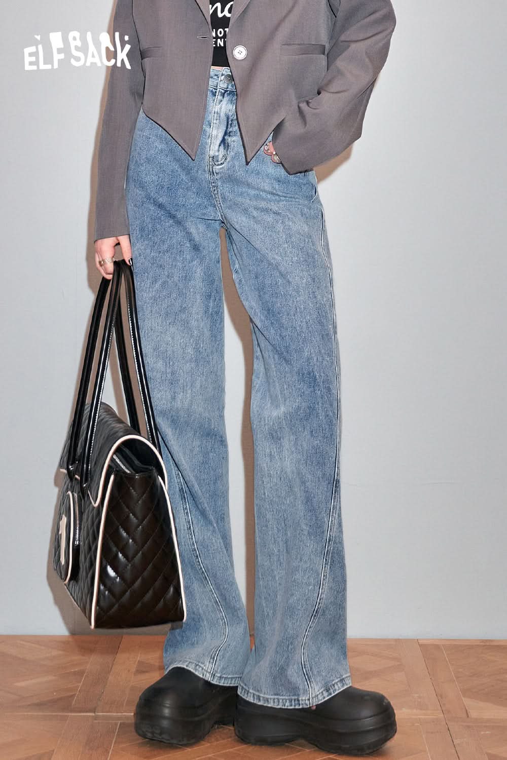 ELFSACK Light colored high waisted straight leg wide leg jeans's spring small retro pants
