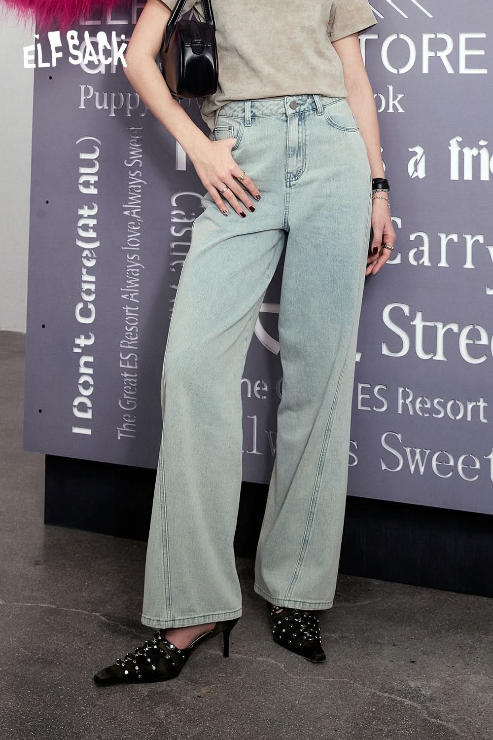 ELFSACK Light colored high waisted straight leg wide leg jeans's spring small retro pants