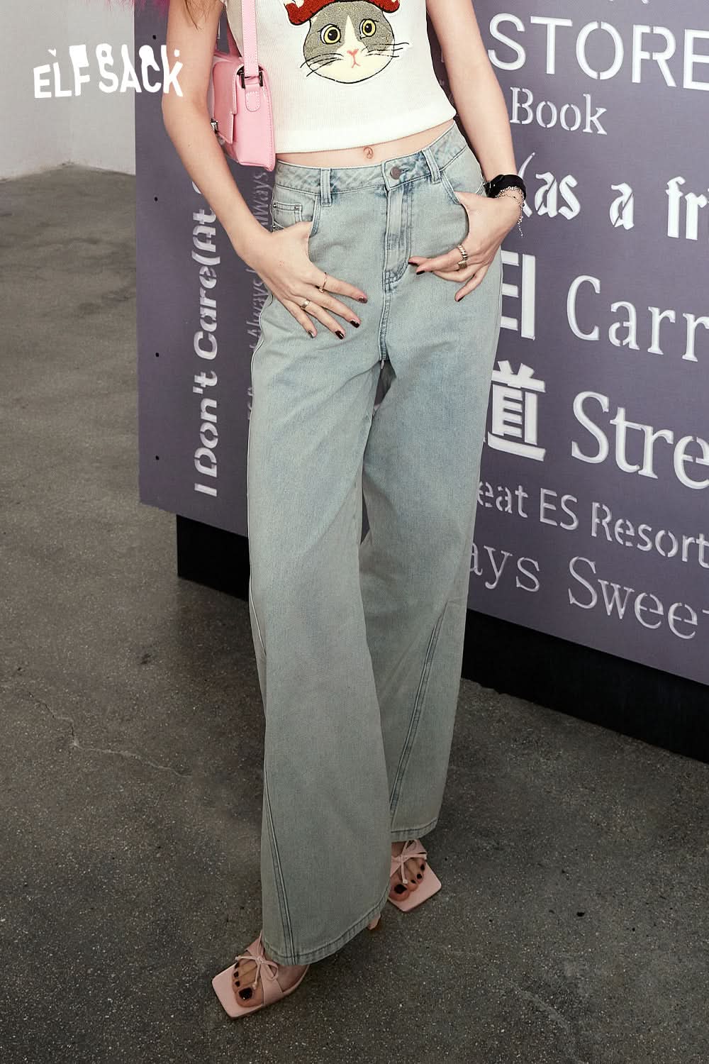 ELFSACK Light colored high waisted straight leg wide leg jeans's spring small retro pants