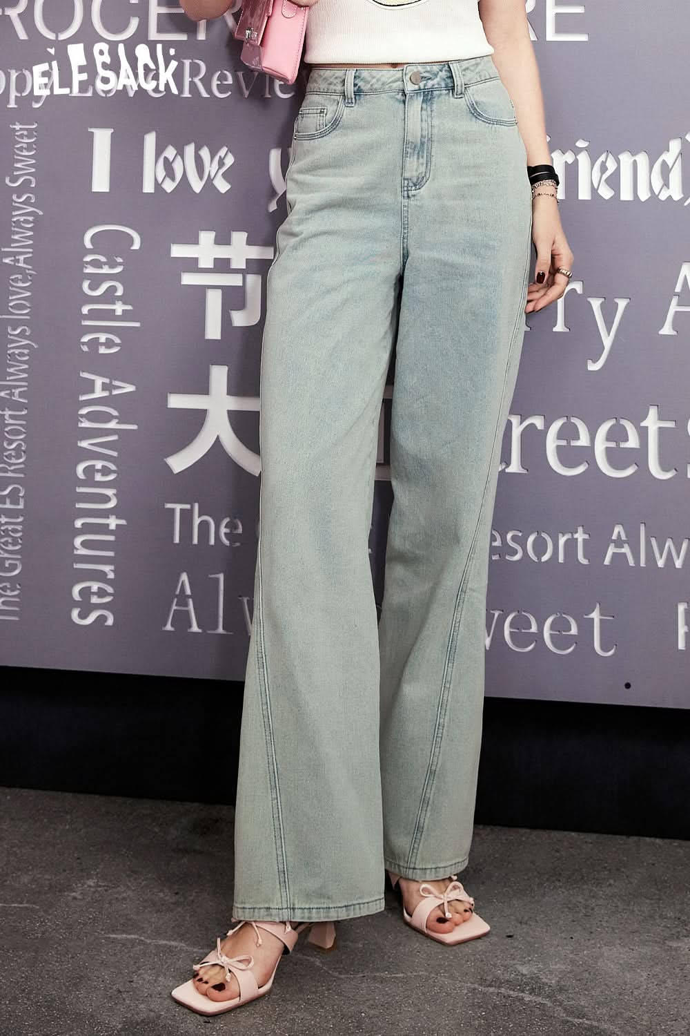 ELFSACK Light colored high waisted straight leg wide leg jeans's spring small retro pants