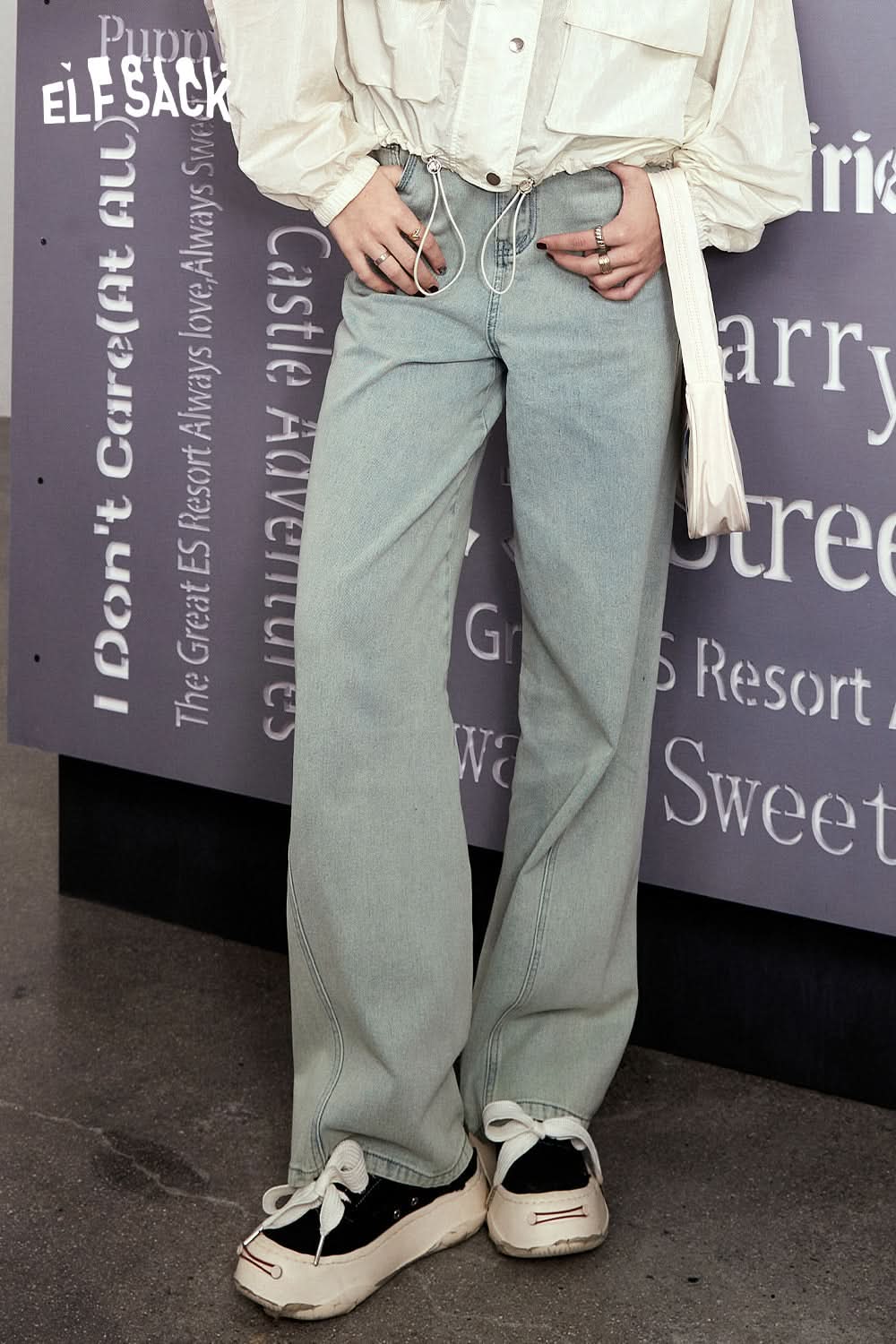 ELFSACK Light colored high waisted straight leg wide leg jeans's spring small retro pants