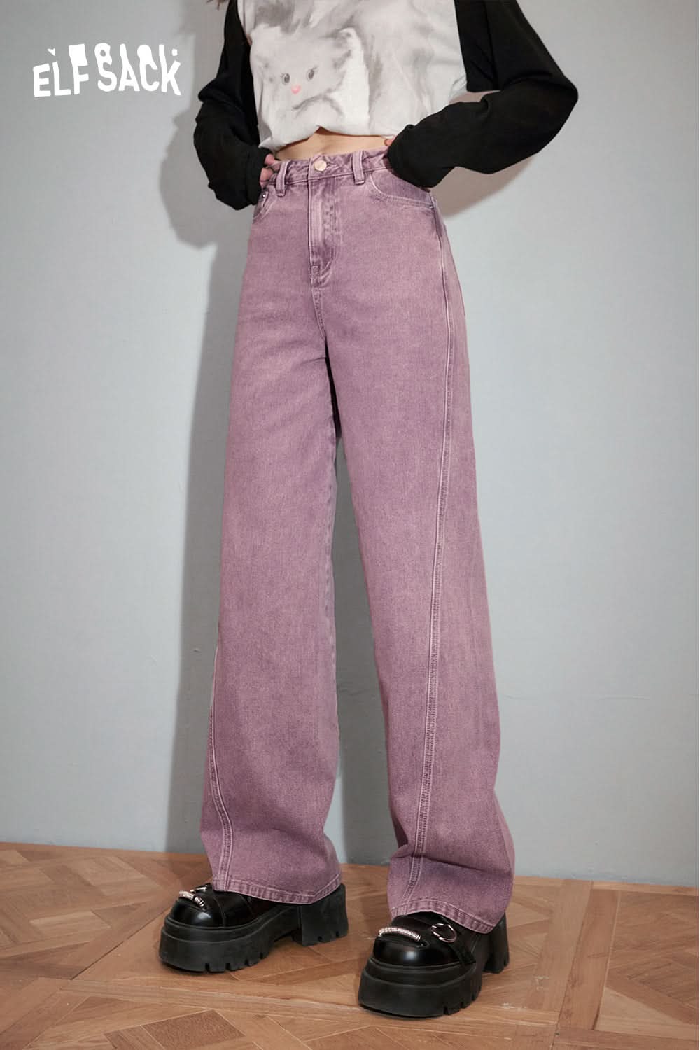 ELFSACK Light colored high waisted straight leg wide leg jeans's spring small retro pants