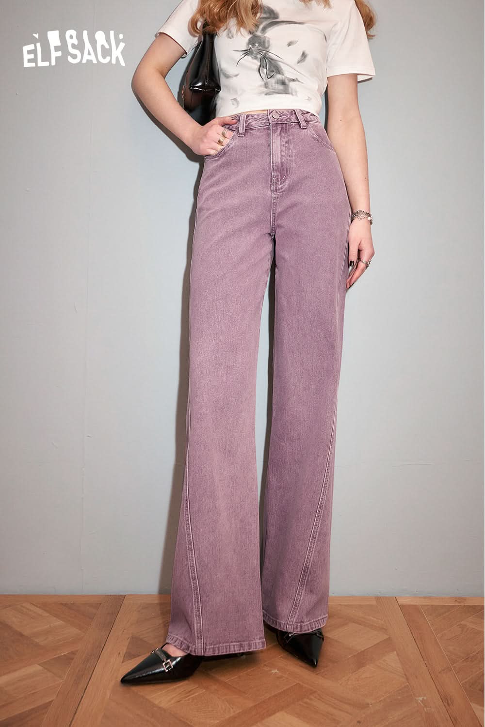 ELFSACK Light colored high waisted straight leg wide leg jeans's spring small retro pants