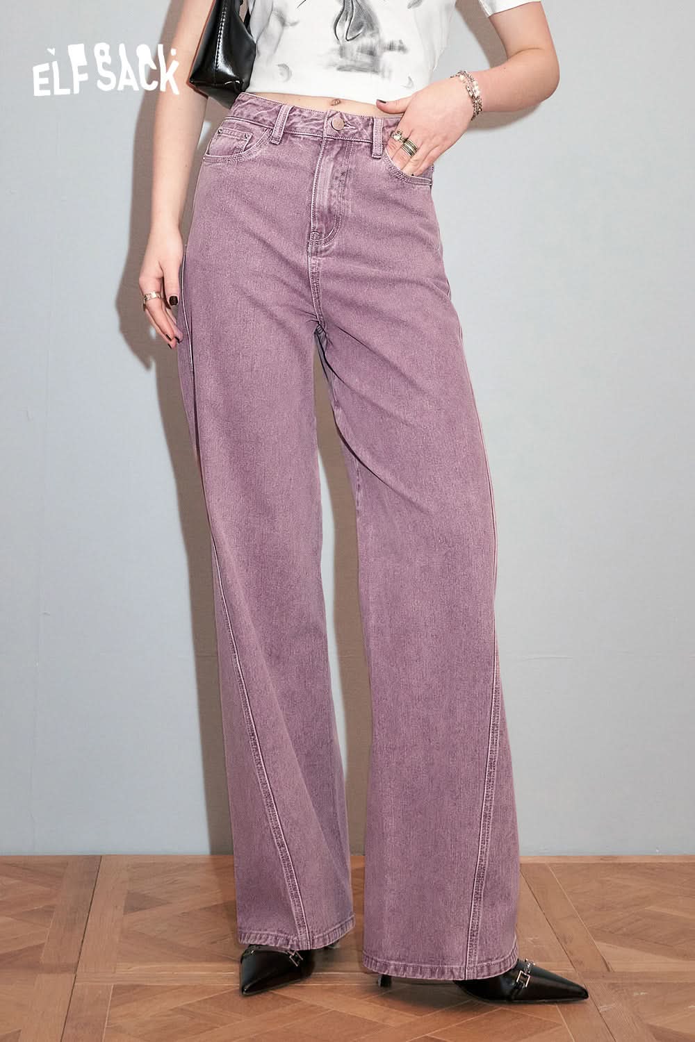 ELFSACK Light colored high waisted straight leg wide leg jeans's spring small retro pants