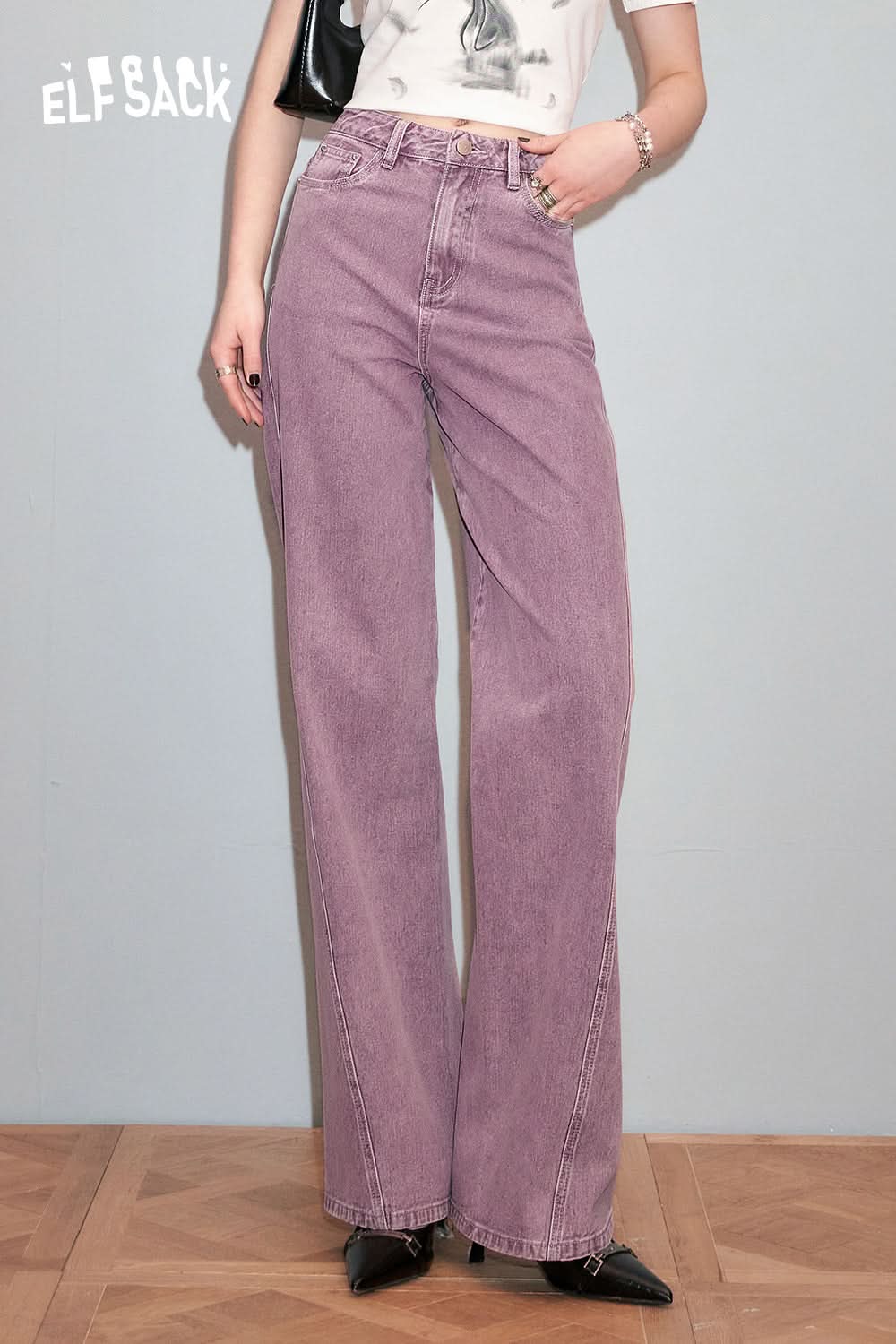 ELFSACK Light colored high waisted straight leg wide leg jeans's spring small retro pants