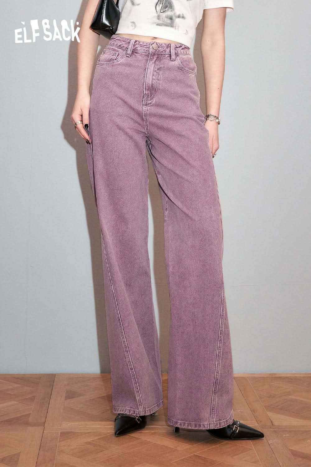 ELFSACK Light colored high waisted straight leg wide leg jeans's spring small retro pants